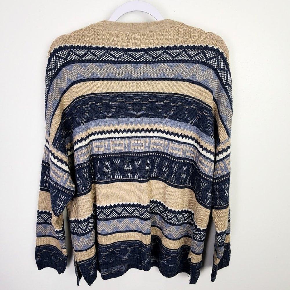 Chaps Women's Tan Blue‎ Geometric Print Lace Up V Neck Sweater PXL - Picture 6 of 7